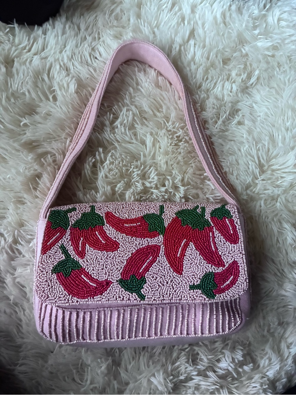 a new day Pink Beaded Shoulder Bag with Red & Green Chili Design